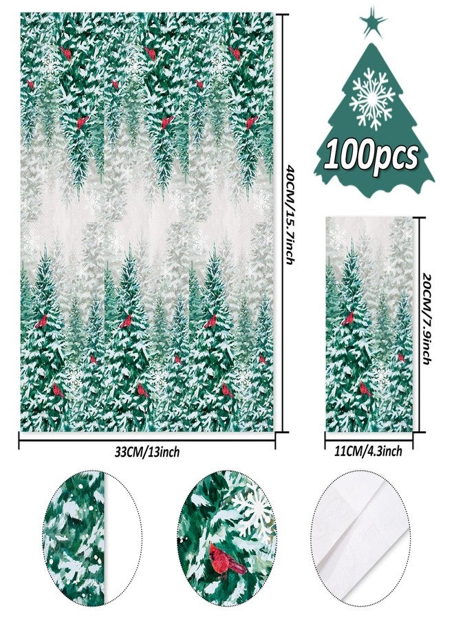 JarThenaAMCS مناديل جارثينا إيه إم سي إس الشتوية، 100 قطعة، للاستخدام مرة واحدة، مزينة بنقشة شجرة الصنوبر، غابة ثلجية شتوية، طائر الكاردينال الأحمر، مناشف يد، مناديل عشاء مزخرفة للحمام والمطبخ والمنزل وحفلات الأعياد - Image 2